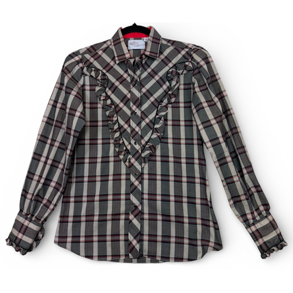 Kenny Rogers Western Collection Pearl Snap Shirt Women 7/8 Gray Red Plaid Ruffle